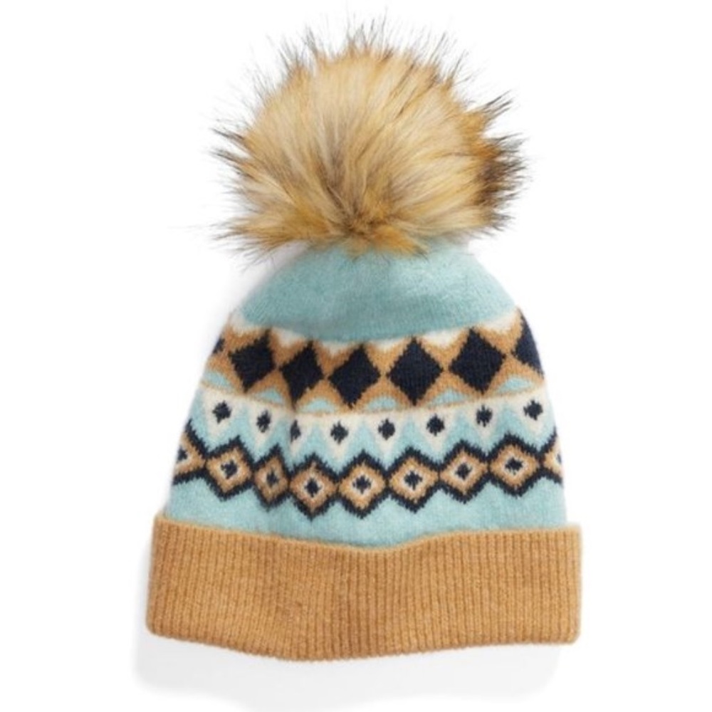 Atlantic-Pacific Fair Isle Faux Fur Pom Beanie